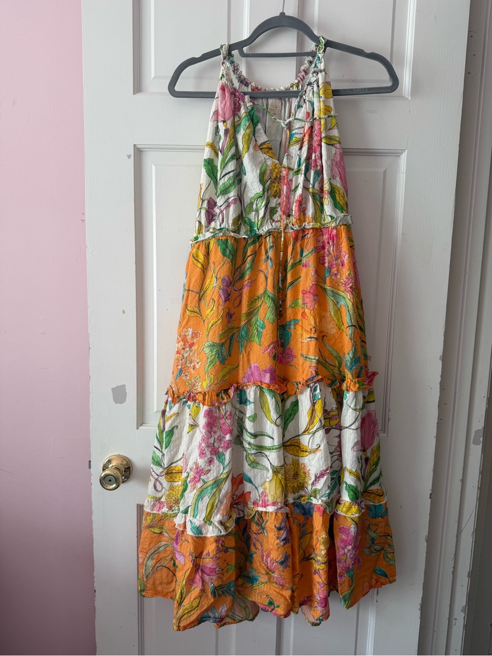 PQ Ruffle Tiered Midi Dress M/L Floral Orange Boho